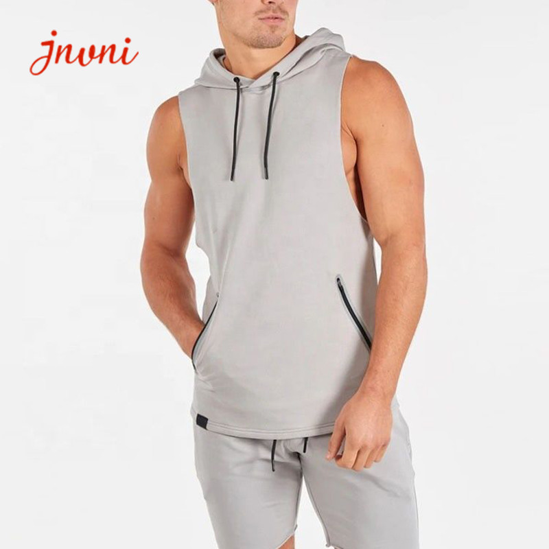 Wholesale Athletic Fitness Mens Activewear Tops Sleeveless Hoodie Tshirt With Zipper Pocket from china suppliers