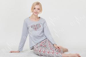 Wholesale Lightweight Grey Womens Pyjama Sets Round Neck Long Sleeve Top / Printed Long Pants from china suppliers