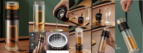 Heatproof Borosilicate Glass Water Bottle 300ml Double Wall Glass Tea Infuser