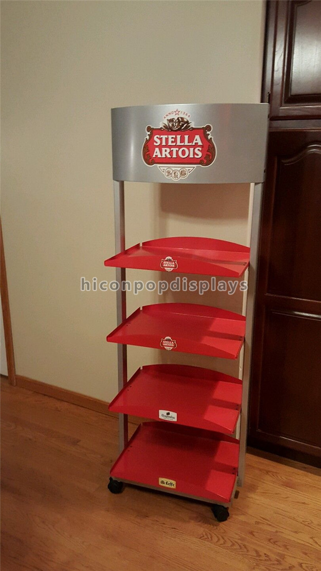 Wholesale 4 Wheels Wine Display Stand Red Heavy Metal Beer Display Shelf 4 Layer For Stores from china suppliers
