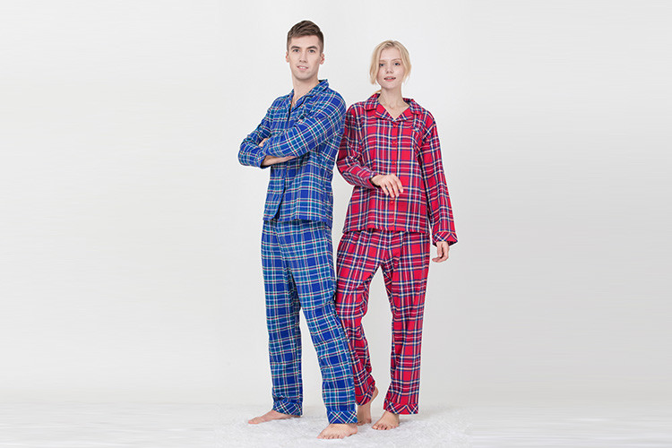 Lovers Pyjamas Cotton Yarn Dyed Check Flannel Long Sleeve Long Pants Satin Piping Pocket Satin Fabric Covered Buttons