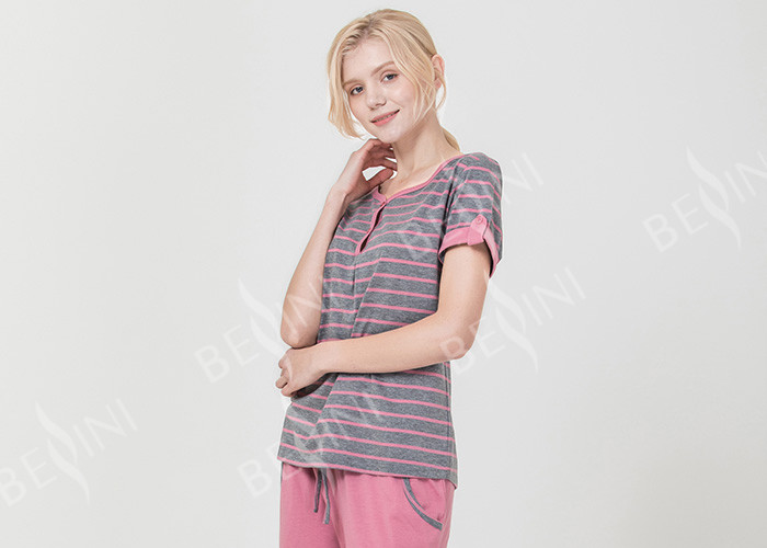 Wholesale Homestyle Round Neck Women'S Pajama Short Sets , Ladies Striped Pyjamas sets from china suppliers
