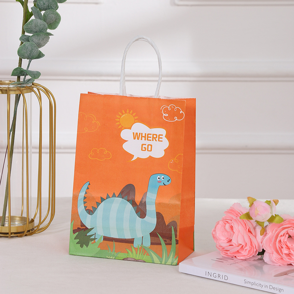 Brown Kraft Paper Dinosaur Hand Printed Cartoon Shopping Bag for Clothing in Shopping Mall