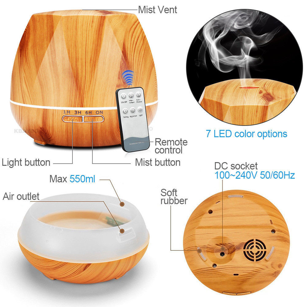 14W 2.4MHz 550ml Octagon Wood Grain Aroma Diffuser