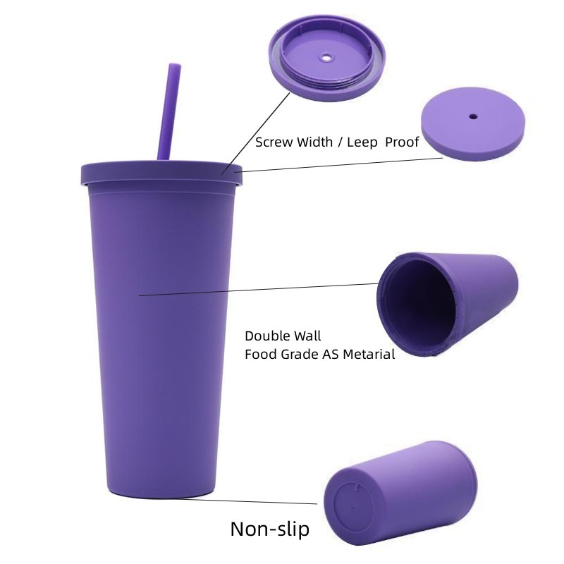RTS 24oz AS/PS Material Custom Printed Plastic Tumblers Reusable Double Wall Plastic Cup With Straw Candy Color Non Slip Environmental Friendly