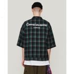 140 Gram Grid Short Sleeved Embroidery Mens Shirts Square Collar