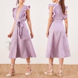 Wholesale Clothing Fashion Women Ruffle Shoulder Midi Linen Dress Ladies from china suppliers