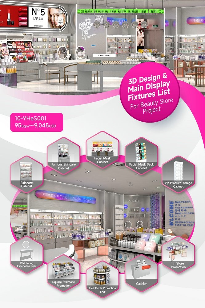 10-YHeS001, Galaxy Series Cosmetic Shop in Hubei featuring 22 Main Fixtures within 95 Sqm and Approx. $9,045 Budget