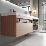 Stereoscopic Mirror Bathroom Vanity Units , Ceramic Wood Basin Cabinet