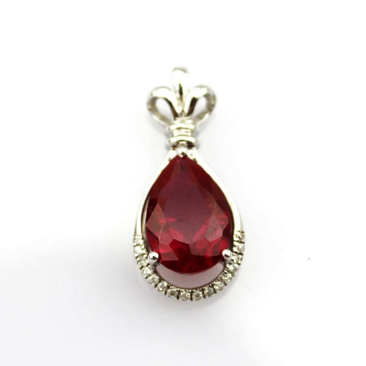 Women Fashion 7mm x 9mm Pear Shaped Ruby Cubic Zirconia Silver Pendant Necklace(P26)