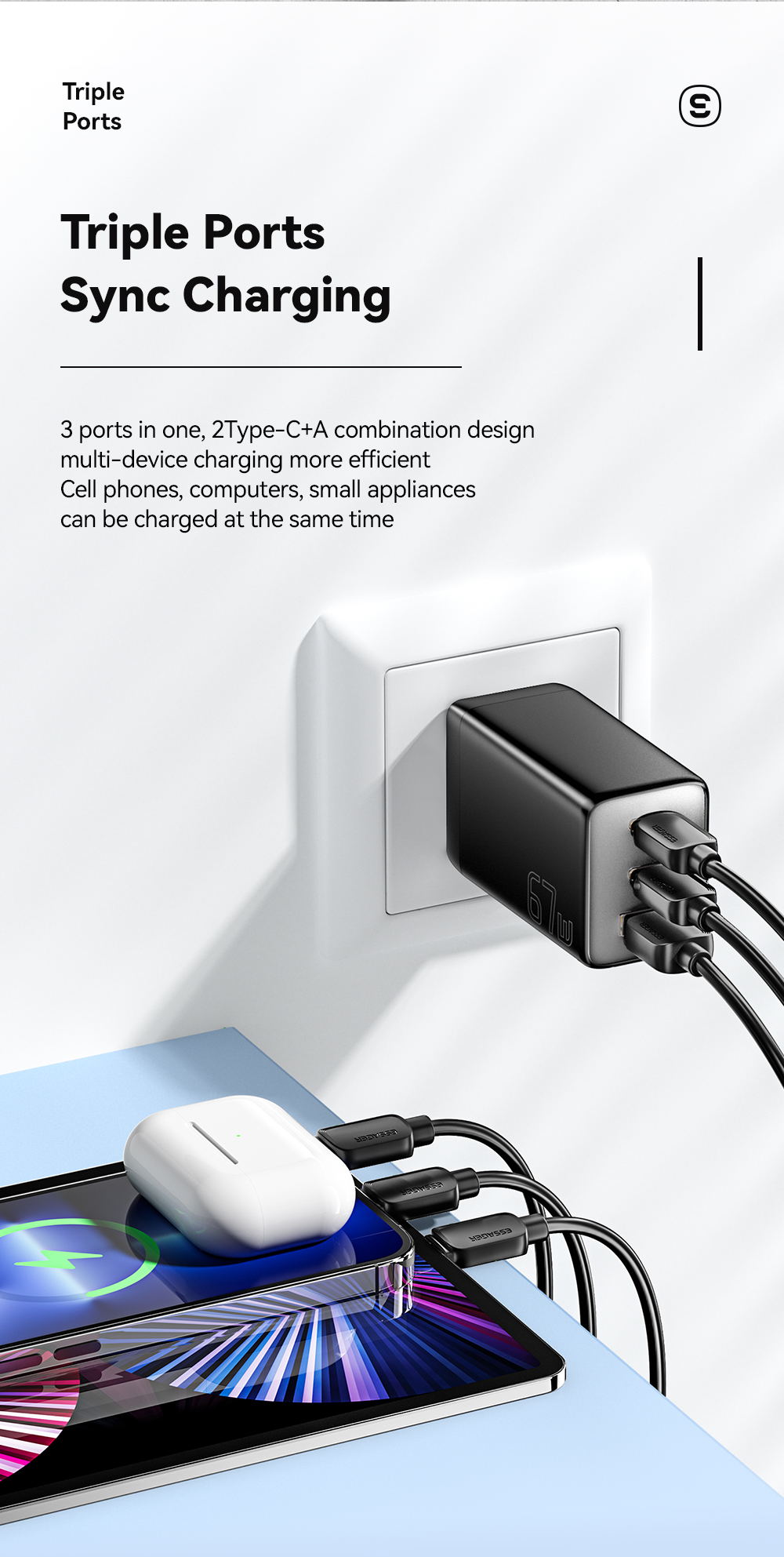 Cell Phone 3 Ports GaN Fast Charger USB C To USB C 67W ESSAGER G671A2CU1 Series