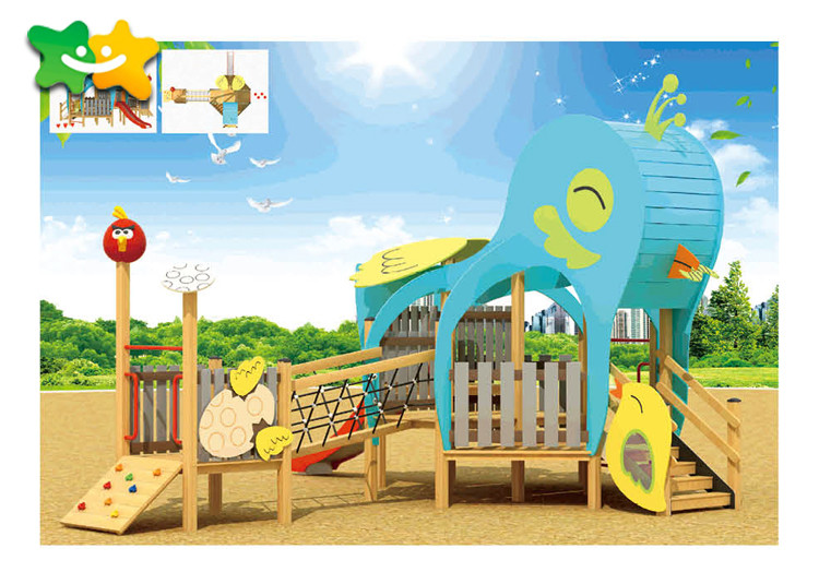 Kindergarten Wooden Playground Slide 1250*1350*520 Cm With Climbing Bridge