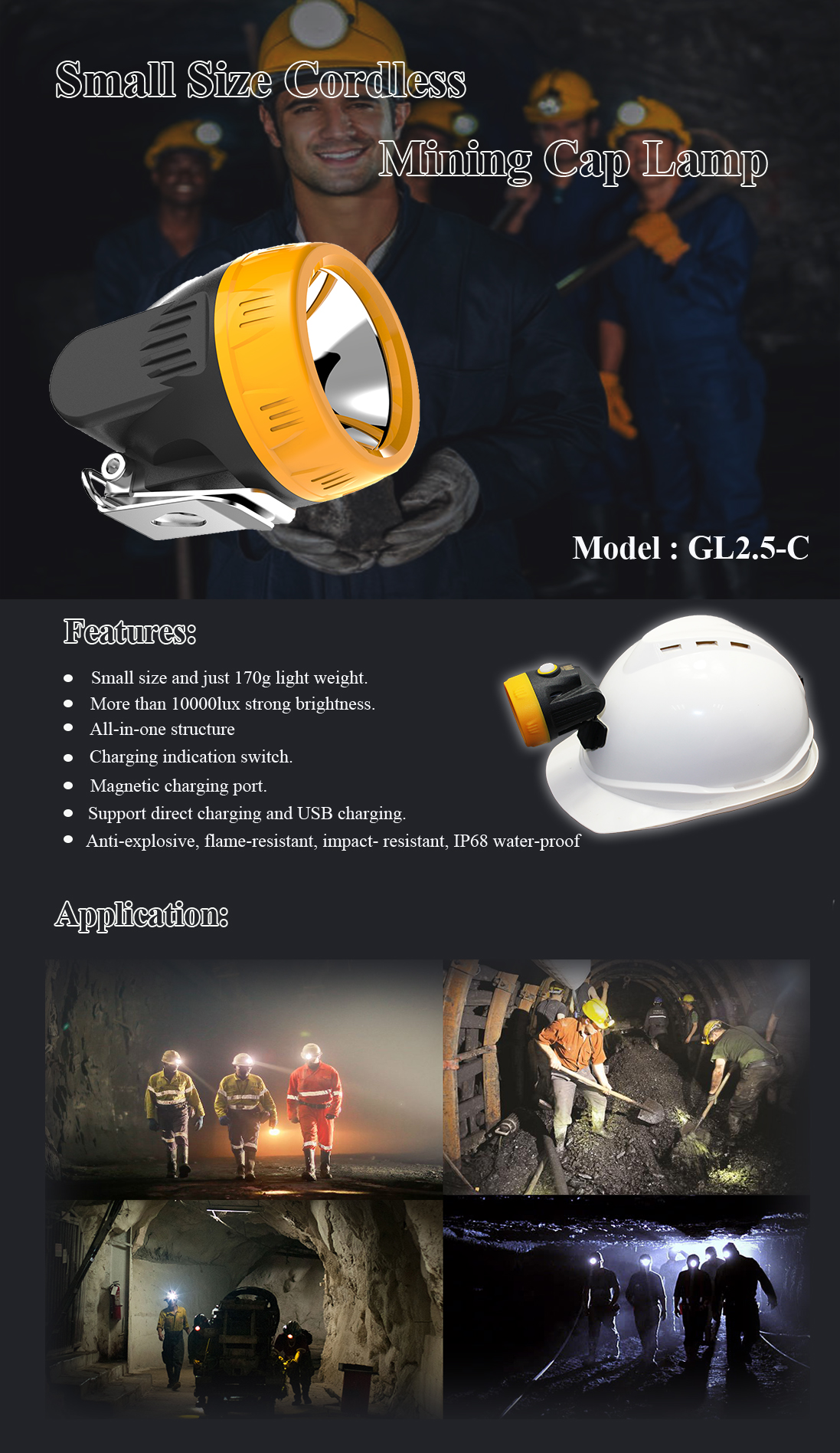 GL2.5-C coal mining lamp IP68 Intrinsically Safe rechargeable