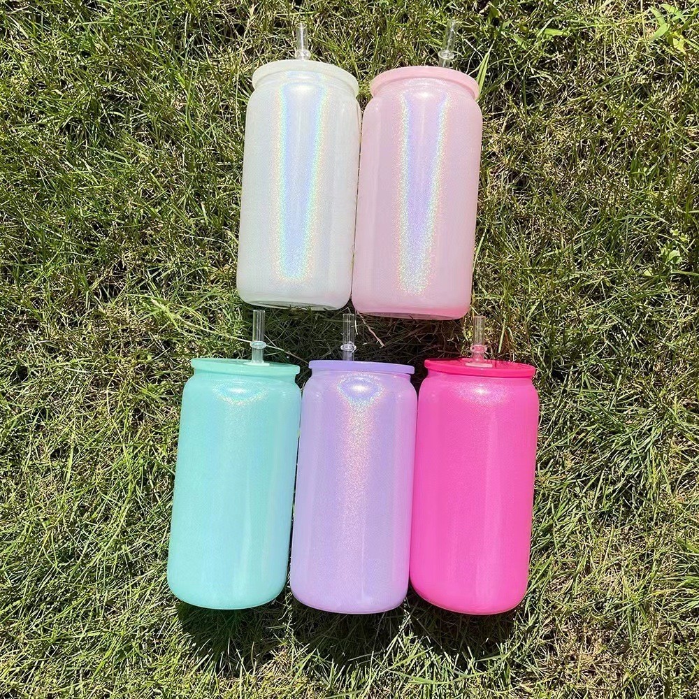 Sublimation Glass Cans Blanks Frosted 18 OZ With Bamboo Lid And Clear Glass Straw Beer Cans Wide Mouth Jar Tumbler Cups Mugs For Iced Coffee Juice