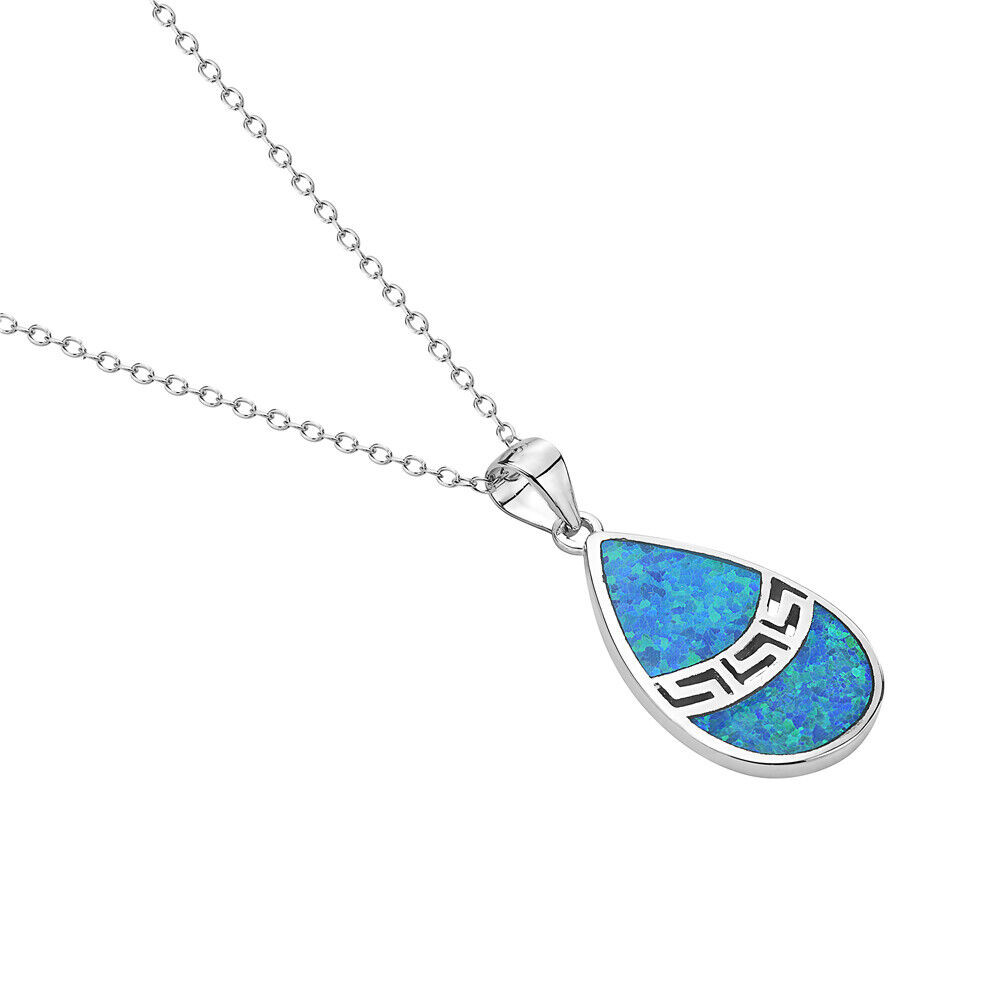 25 Sterling Silver Blue Simulated Opal Greek Key Meander Meandros Spiral Pendant Necklace