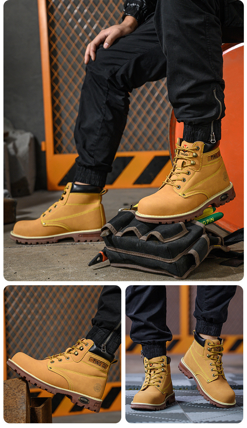 Yellow Microfiber Leather Safety Boots Beef Tendon Sole Work Shoes For Men