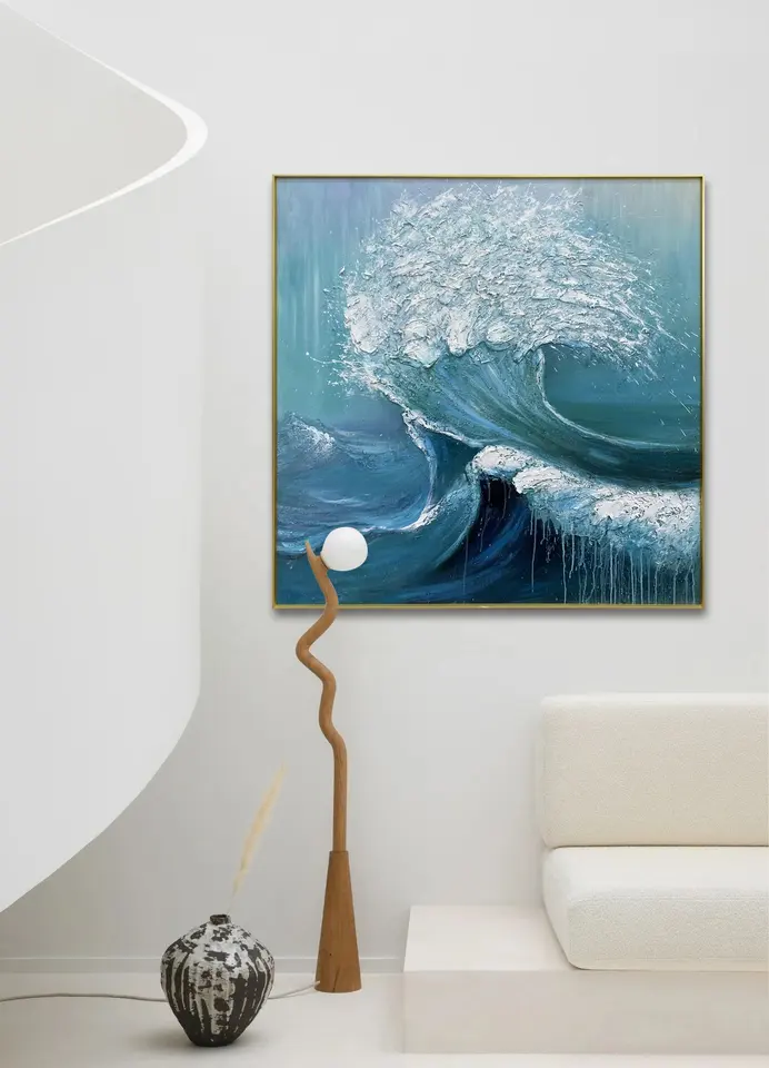Hand Painted Sea Wave Oil Painting Artwork Modern Abstract Heavy Textured Wall Hanging