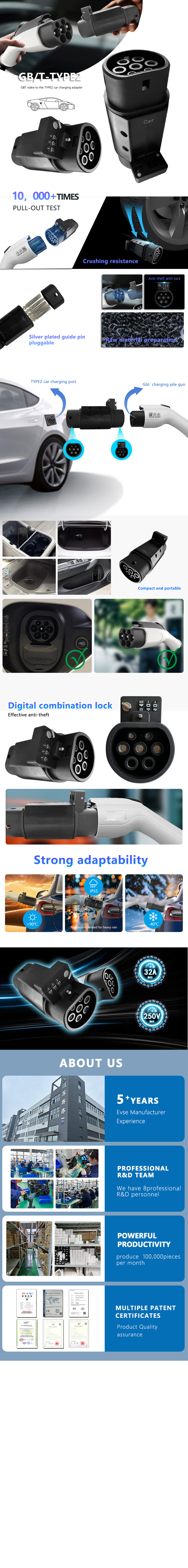 Type2 Connector 1 Phase Electric Vehicle Charging Adapter with -30--50C Operating Temperature and 220V Rated Voltage