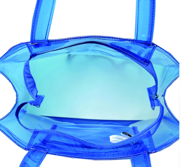 Clear PVC Clear Tote Bag , Logo Printing Custom Blue PVC Travel Bag