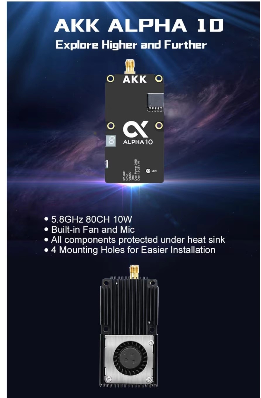 AKK Alpha 10 10W Drone VTX 4.9G 5.8GHz 80CH 10W FPV Video Transmitter