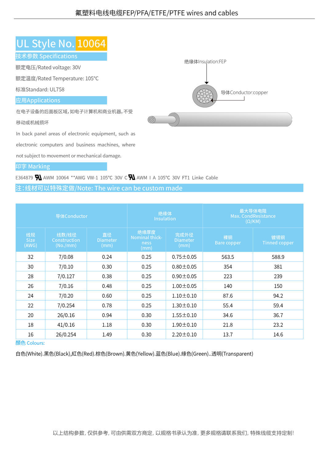 UL10064 30V/105c FEP Insulated Heating Application Copper Electric Wire 32 30 28AWG