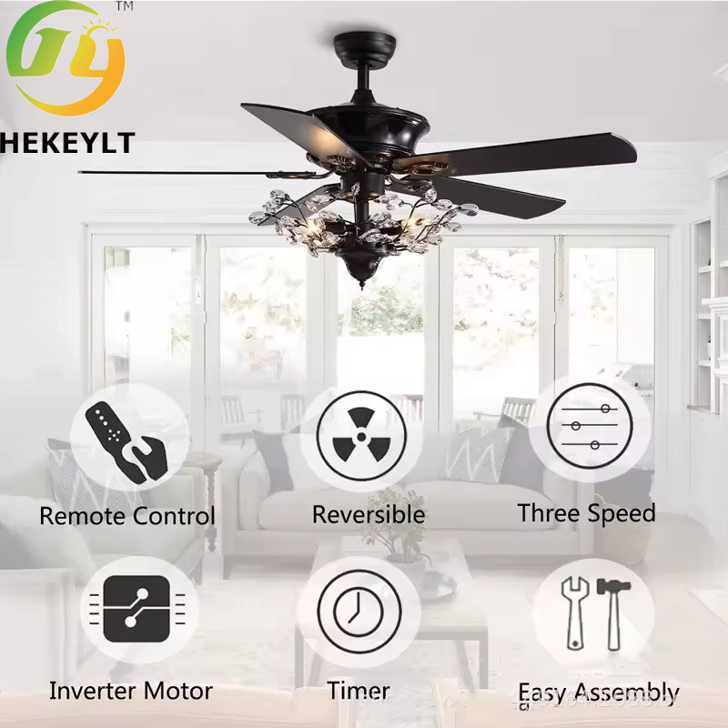Modern Luxury Crystal Chandelier Silent Intelligent Remote Control Ceiling Fan 52'' Metal and Glass