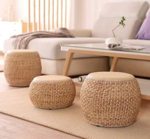 Wholesale Natural Straw Household Storage Stool Grass Woven Ottoman Box Eco-Friendly Hand-Woven Grass Rattan Stools from china suppliers