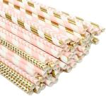 7.75" Party Event Striated Pink And Gold Striped Paper Straws