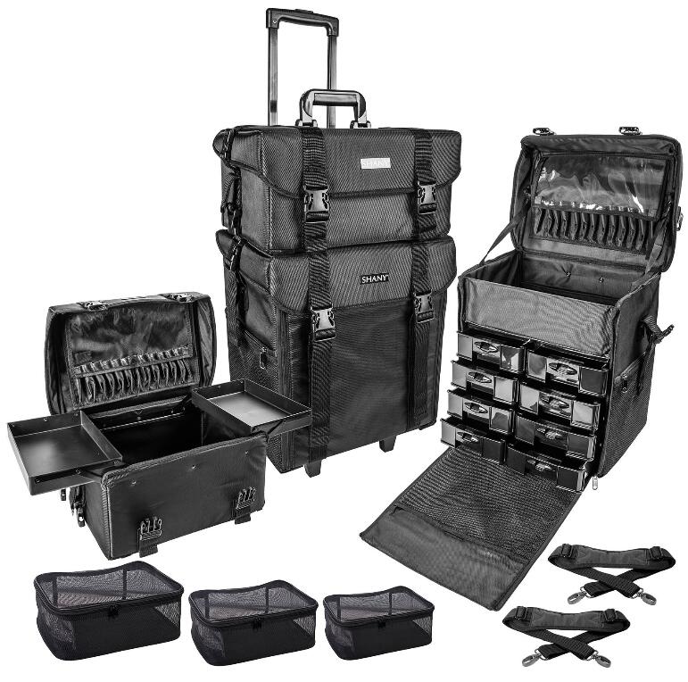 Stackable Adjustable Makeup Soft Trolley Case , Makeup Beauty Trolley Black Color