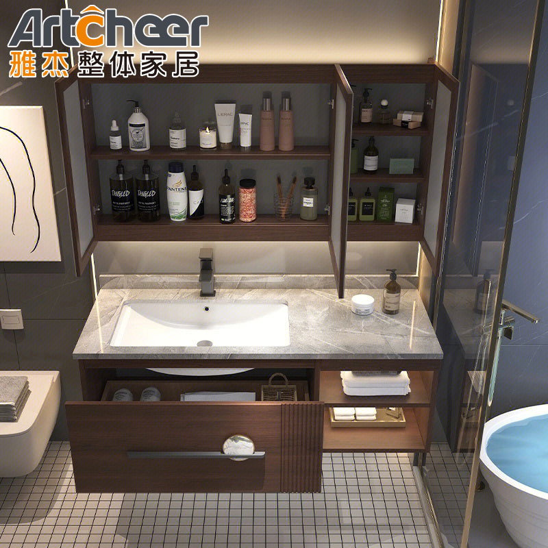 Waterproof Rectangle Bathroom Vanity Units / Cabinet Set With Sink And Side Cabinet