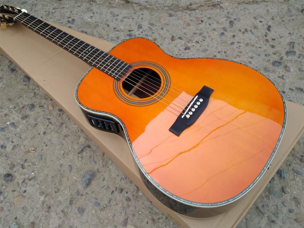 Orange color 28 Style classic acoustic guitar,Solid Spruce top,Abalone inlays Ebony Fretboard OM body acoustic Guitar