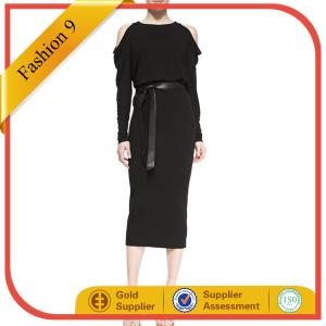 Wholesale Long-Sleeve Cold-Shoulder Dress with Leather Belt from china suppliers