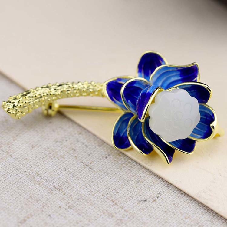 18K Gold Plated 925 Silver Enamel Lotus Flower Jade Pendant Necklace Brooch For Women(XZ81001)