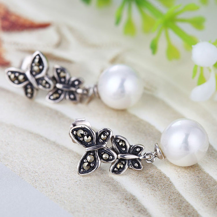 925 Silver White Simulated Shell Pearl Dangle Earrings Vintage Old Jewellry (E12144)