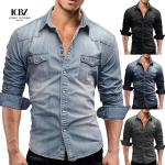 Men's Woven Denim Dress Shirts European Size Long Sleeve High Collar Cotton