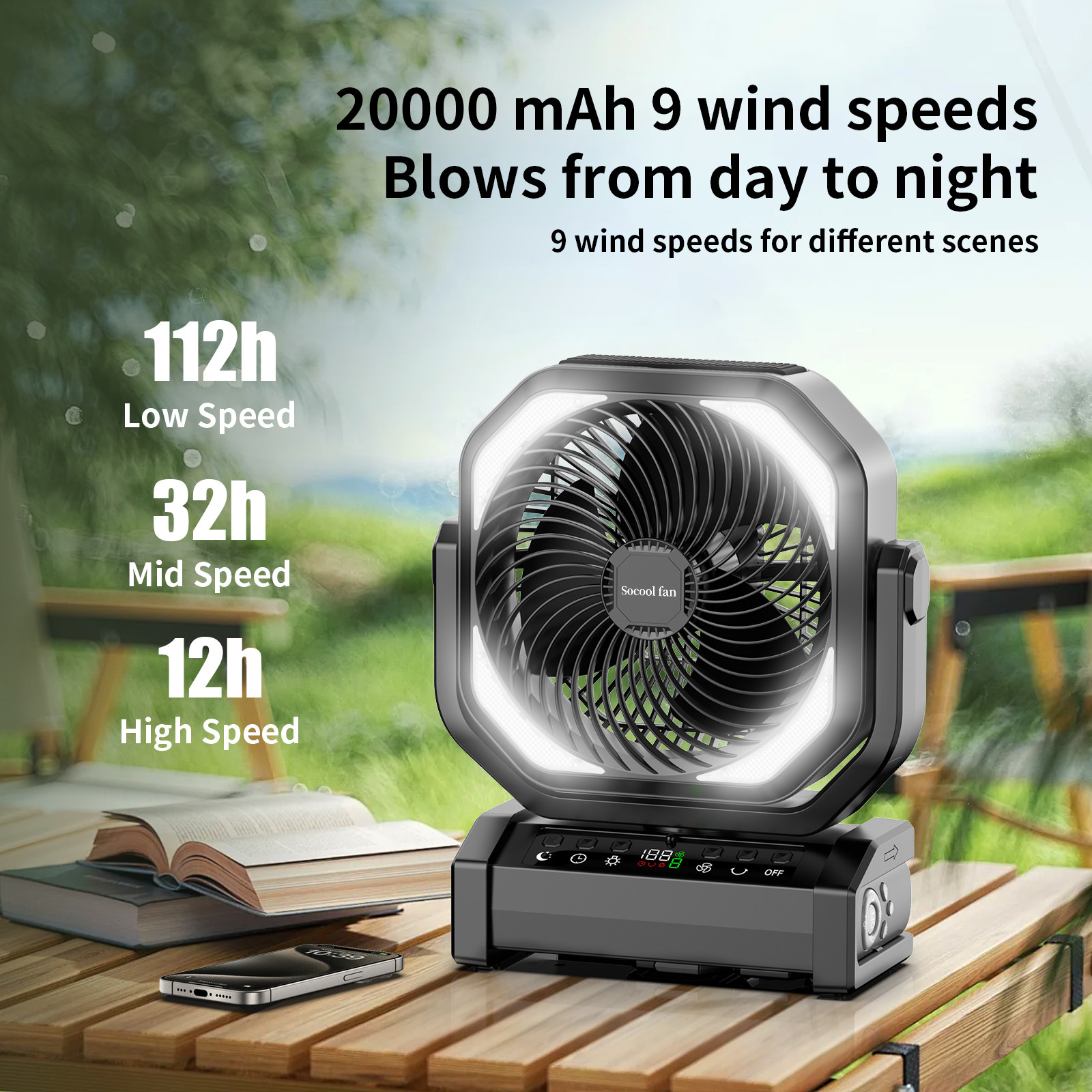 Socool Fan 20000mAh Remote Controlled Suspension Fan 9 Speed Control LED Light Rechargeable Outdoor Camping Fan Portable Multifunction Emergency Power