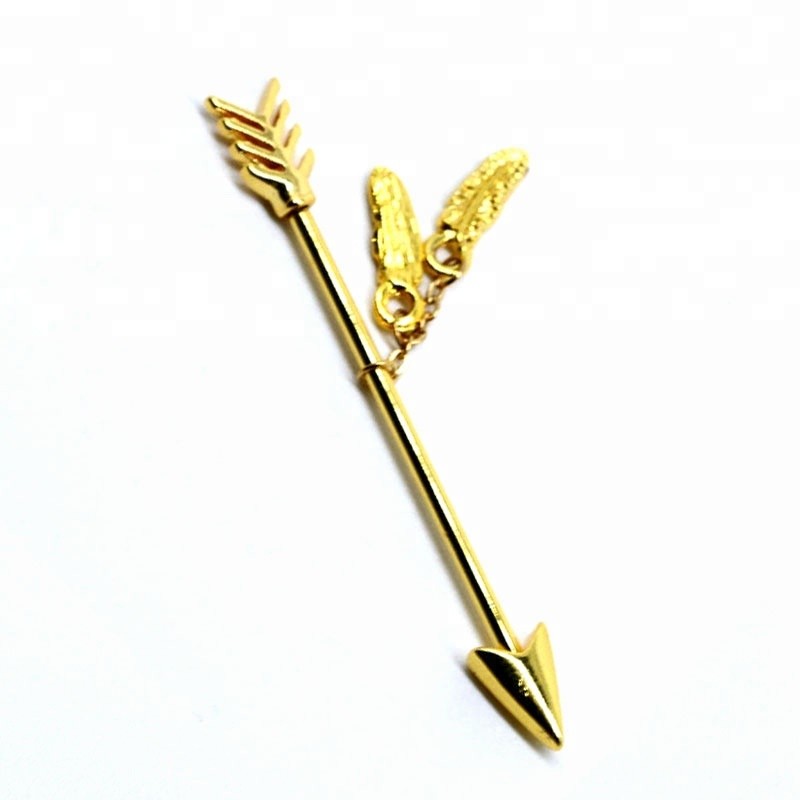 Gold plated arrow industrial piercing bars with feather dangle