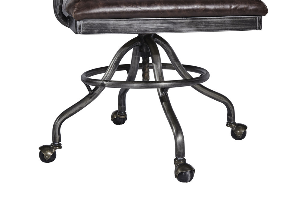 Vintage Brown Leather Office Desk Chair Small Space Swivel Wheel Legs Durable Iron Frame