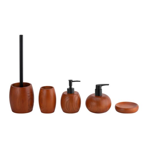 Brown Ashwood Bathroom Countertop Accessories Round Shape Black Pump Toothbrush