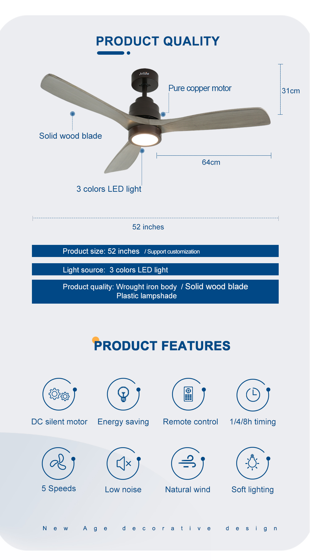 Home Hotel Office 1stshine LED Ceiling Fan with Fancy DC Motor and Silent Remote