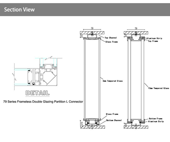 79mm Aluminum Tempered Single Or Double Glass Hard 3mm Profile Clear Frame Glass Partitions
