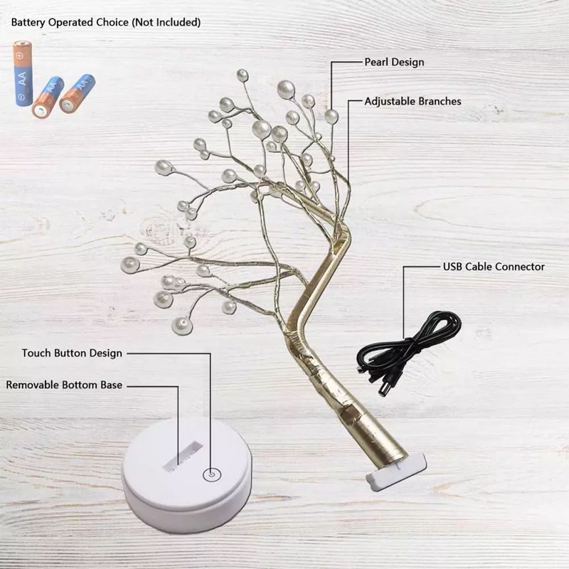 108 LED USB 3D Table-Lamp Copper Wire Christmas Fire Tree Night Light for Home Holiday Bedroom Indoor Kids Bar Decor Fairy Light