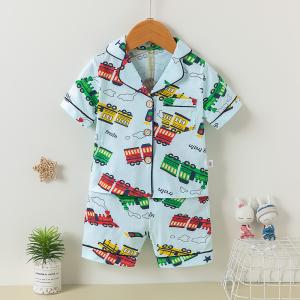 Wholesale Short Sleeve 95% Cotton Button Up Pajama Set Lapel Cars Pj Set For Middle Aged Kids from china suppliers