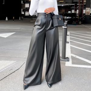 Wholesale Sexy High Waist Womens Wide Leg Leather Pants Solid Color from china suppliers