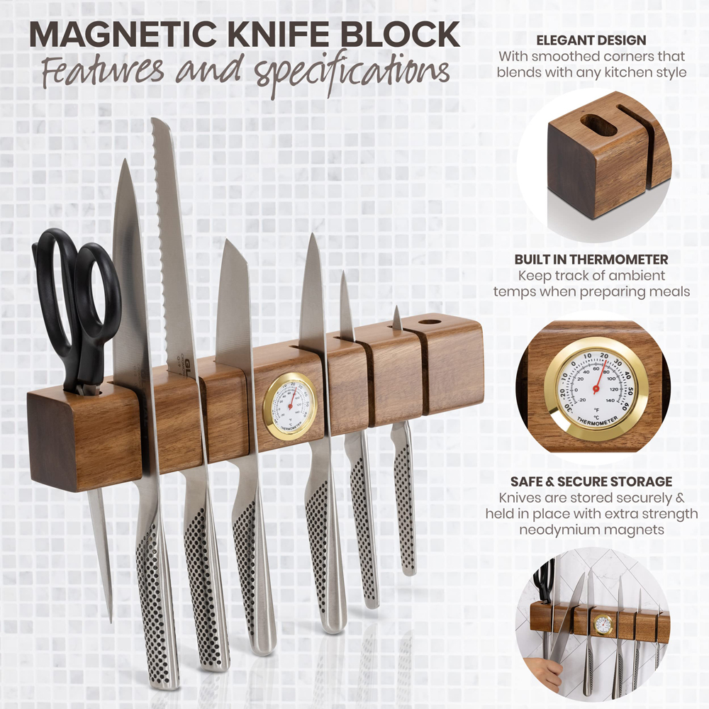 Multifunctional Wood Magnetic Knife Holder with Thermometer and Hygrometer 325x55x50mm