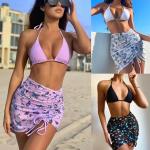 Women's 3-piece Swimsuit with Striped Printed Pleated Skirt