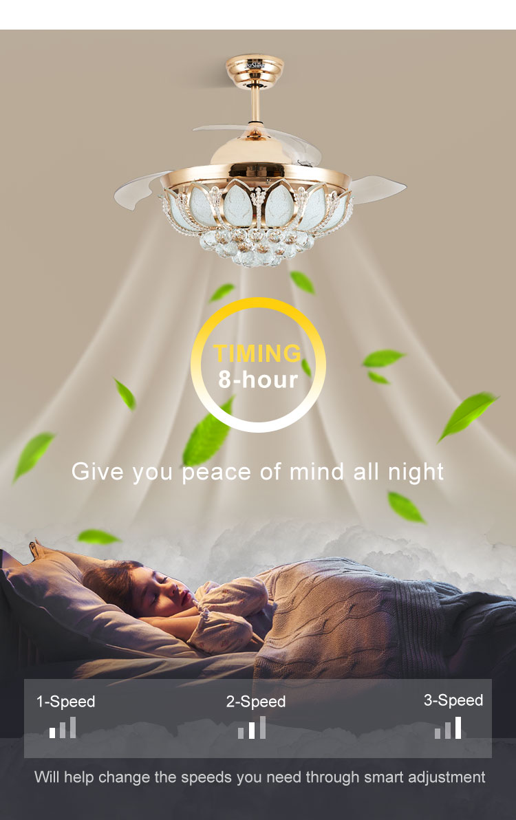 Controlling Mode WIFI Crystal LED Ceiling Fan Light with Hidden Blades and Wall Control