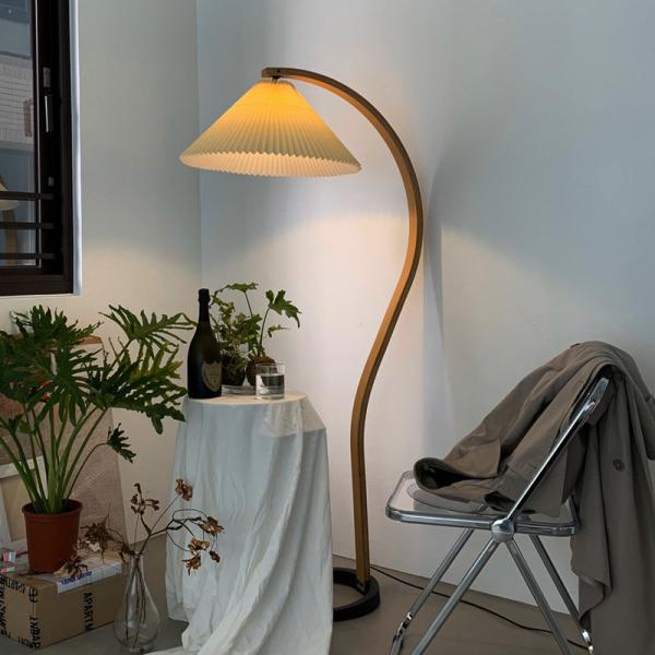 Wooden Floor Lamp Nordic Design Fishing Pleated Fabric Lampshade Classical Floor