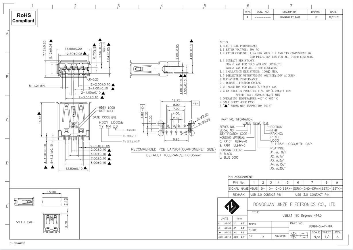 15u" PA10T USB3.1 Micro USB Pcb Socket Pin Out Female H14.5mm
