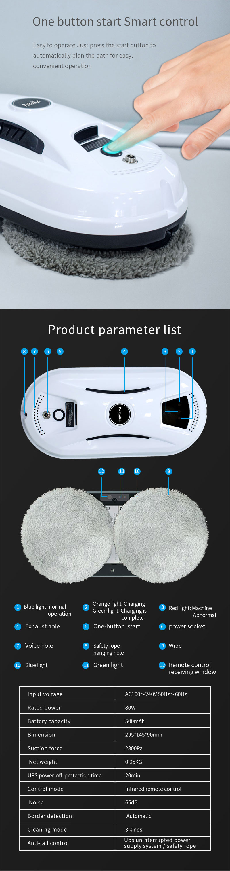 Intelligent 500mAh Window Cleaner Robot Remote Control Pure Clean Smart Robot Vacuum